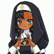 pixel art of a nun making a heart with her hands