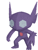 a purple cartoon character with a red cube in its chest