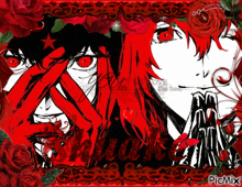 a black and white drawing of a man and woman with red eyes and red roses and the word picmix at the bottom