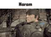 a man in a military uniform with the word haram above him