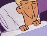 a cartoon character is laying in a bed with a pillow on his head