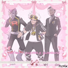 a picture of a group of cartoon characters with a pink background and the word picmix at the bottom