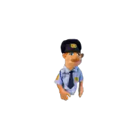 a puppet of a police officer has the word offbeat written on his shirt