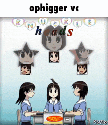 a cartoon of three girls sitting at a table with the words ophigger vc on top