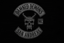 a skull with horns and the words damned demons san andreas mc