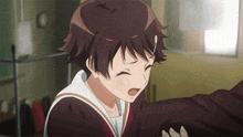 a girl in a school uniform is crying with her eyes closed and her mouth open