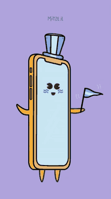 a cartoon drawing of a cell phone wearing a top hat and holding a flag says mitze.il