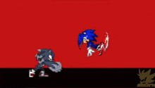 a video game scene with two characters fighting each other and a red background
