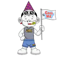 a cartoon character holding a flag that says call me on it