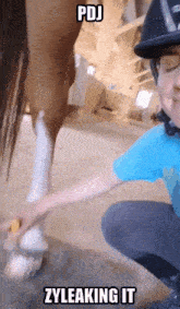 a person kneeling next to a horse with a caption that says pdj