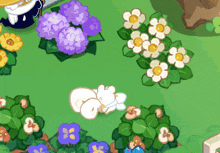 a cartoon rabbit is laying on the grass surrounded by flowers and leaves