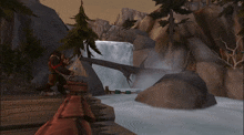 a werewolf fishing in front of a waterfall with a fishing rod