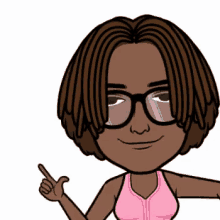 a cartoon of a woman wearing glasses and a pink tank top pointing up .