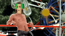a pixelated image of a shirtless man standing in front of a carnival ferris wheel