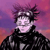 a drawing of a person with purple hair