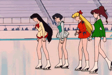 a group of girls are standing on ice skates with the words miss pink eyes visible in the corner