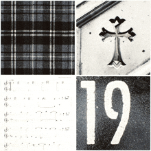 a black and white photo of a cross a sheet music and the number 19