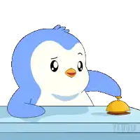 a penguin is pressing a bell and says buy