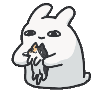 a cartoon drawing of a white rabbit with a cat on its back