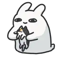 a cartoon drawing of a white rabbit with a cat on its back