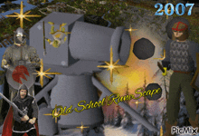 an old school rune scape poster with a castle in the background