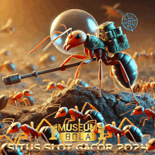 an advertisement for museum bola shows an ant wearing a space helmet
