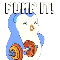 a cartoon penguin holding a dumbbell with the words pump it written above it