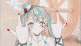 a girl is making a peace sign with her hands in front of a spinning wheel .