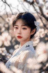 a girl with a flower in her hair is wearing a white kimono