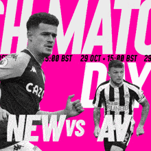 a soccer player in a black and white striped shirt is on a pink background that says news vs av