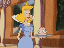 a cartoon woman in a blue dress is holding a tray with a cake on it .