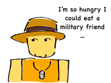 a cartoon of a man wearing a hat that says i 'm so hungry i could eat