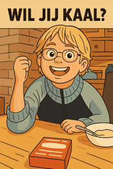 a cartoon of a boy sitting at a table with a box of cereal in front of him and the words wil jij kaal below him