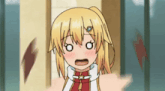 a cartoon girl with blonde hair and a ponytail is making a surprised face .