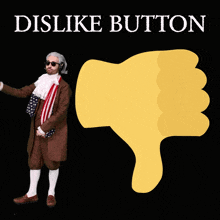 a man in a costume stands next to a thumbs down sign that says " dislike button "