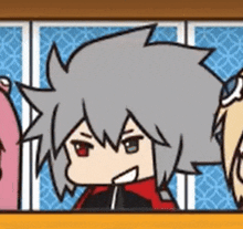 a cartoon character with gray hair and red eyes is standing next to another character .