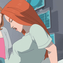 a woman with red hair is standing next to another woman in front of a screen that says 120 80