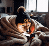 a dog wrapped in a blanket wearing a dea hat