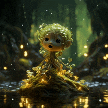 a cartoon character is surrounded by mushrooms and leaves