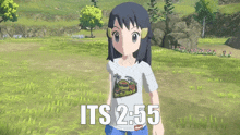 a girl wearing a shirt that says " its 2:55 " on it