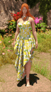 a woman with red hair is wearing a white and yellow dress with lemons on it