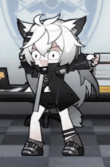 a cartoon character with white hair and black shorts