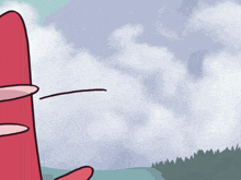 a cartoon drawing of a red bird with a blue sky and clouds in the background