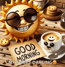 a sun wearing sunglasses sits next to a cup of coffee