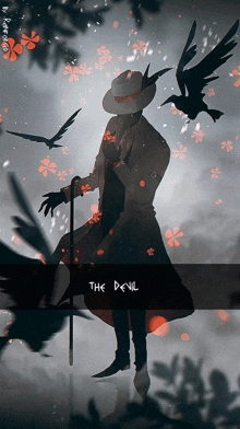 a drawing of a man with a cane and the words the devil above him