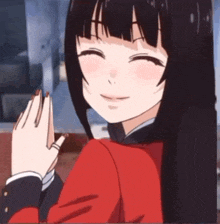 a black haired anime girl is smiling with her hands folded