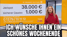 a woman is standing in front of a sign that says `` ich wünsche ihnen ein schönes wochenende ''