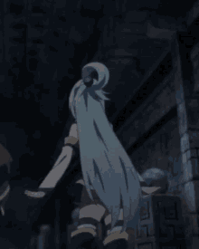 a cartoon character with long blue hair is standing in a dark room