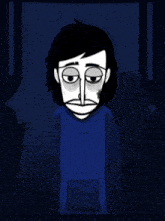 a black and white cartoon of a man with a mustache and a blue shirt