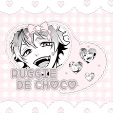 a pink and white checkered background with a picture of a boy and the words ruggie de choc